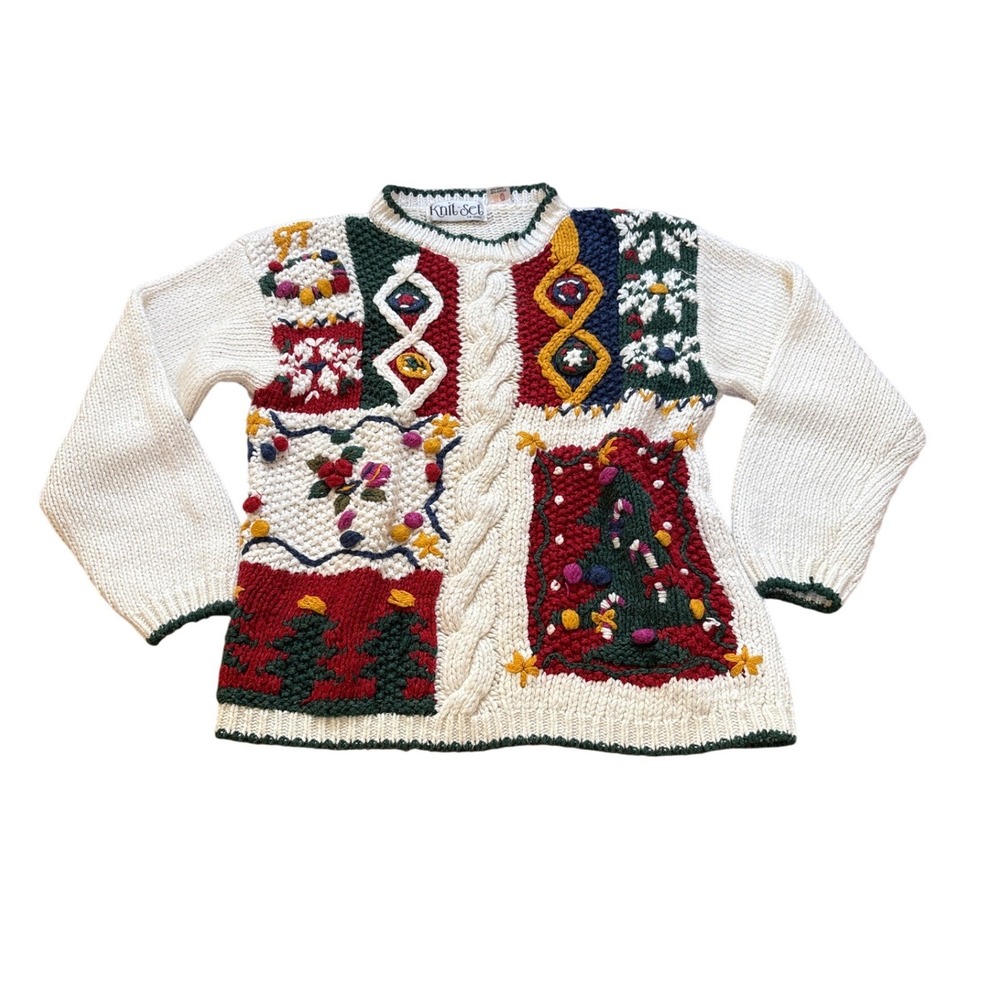 Knit-Set Ugly‎ Christmas Sweater Women White Good Patchwork 3D Knit SIZE M